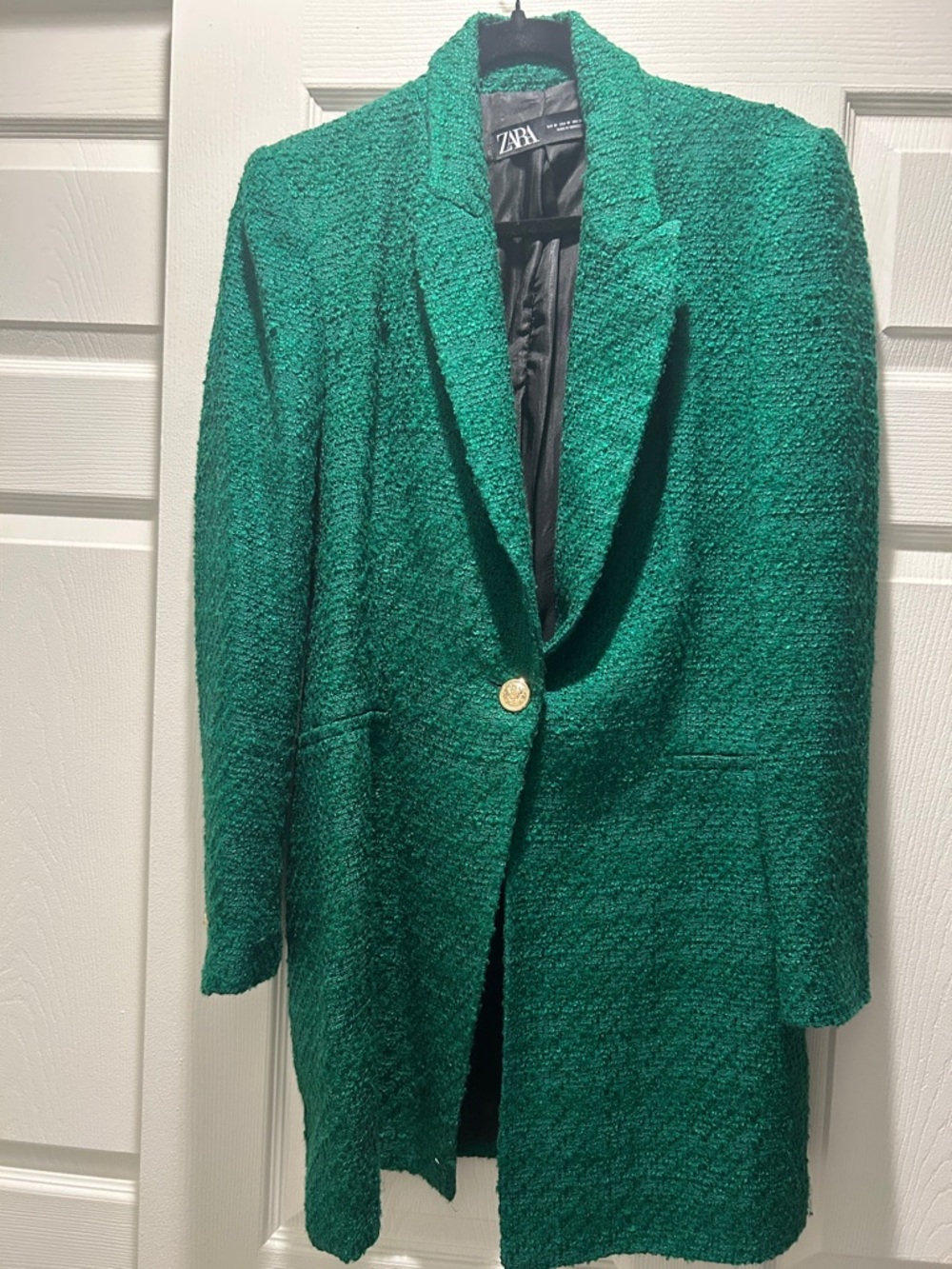 Zara Green Bouclé Single-Button Long Blazer